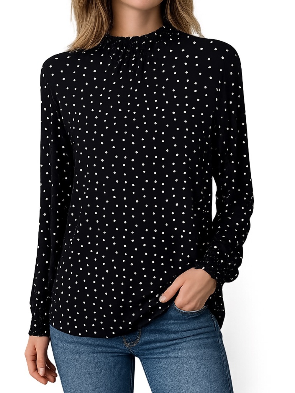 Anne Klein Black Polka Dot Smocked Neck Blouse size Large